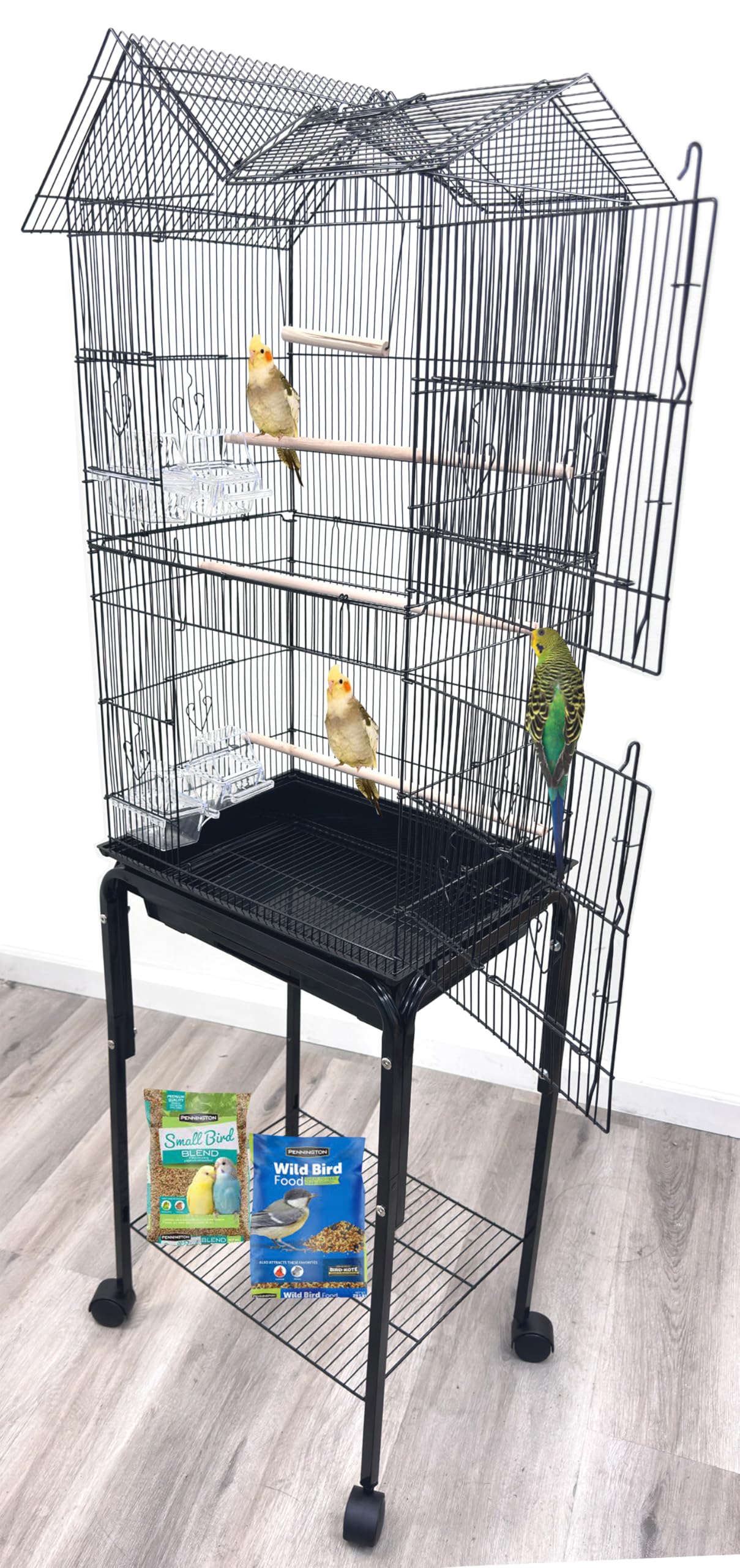 63" Roof Top Bird Flight Parrot Pet House Home Cage with Removable Rolling Stand for Cockatiel Sun Conure Parakeet Finch Budgie Lovebird Canary