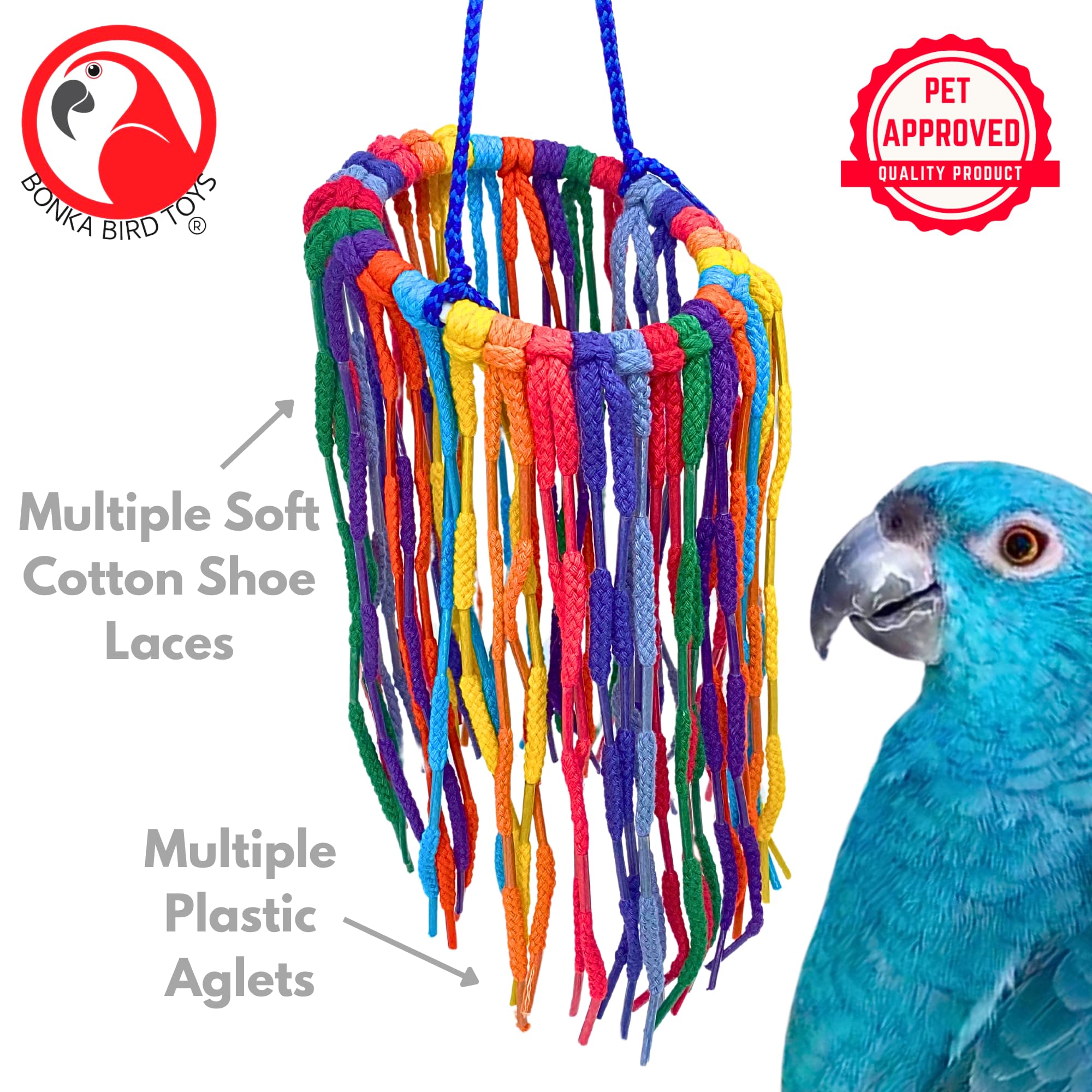 Bonka Bird Toys 51213 Large Aglet Heaven 9" Hanging Cotton Shoelace Ring Toy for Medium to Large Birds Like Eclectus Amazons African Greys
