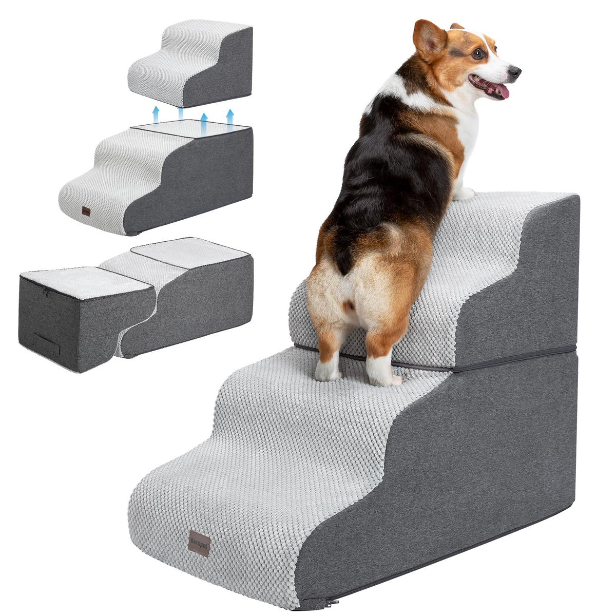 Garnpet Dog Stairs for High Beds, 4-Step Dog Steps for Small Dogs and Cats, Foldable Pet Stairs for High Bed Climbing, Non-Slip Balanced Pet Step Indoor, Light Grey