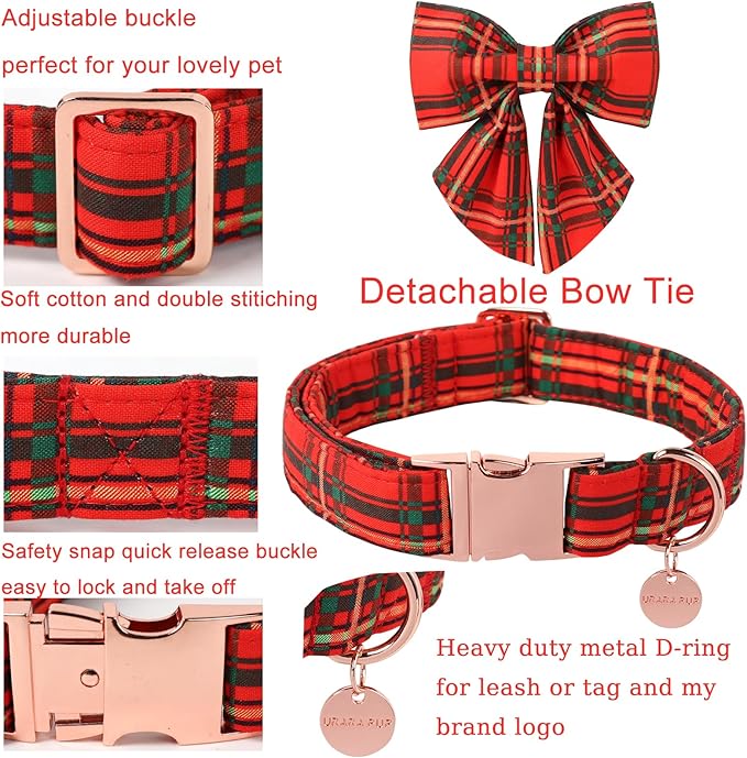 UP URARA PUP Christmas Dog Collar with Bow Tie, Cotton Christmas Plaid Collar for Medium Girl Boy Dog,Red &Green Plaid Dog Collar Bowtie with Durable Metal Buckle,Adorable Pet Collar,M,Neck 13.5-22in