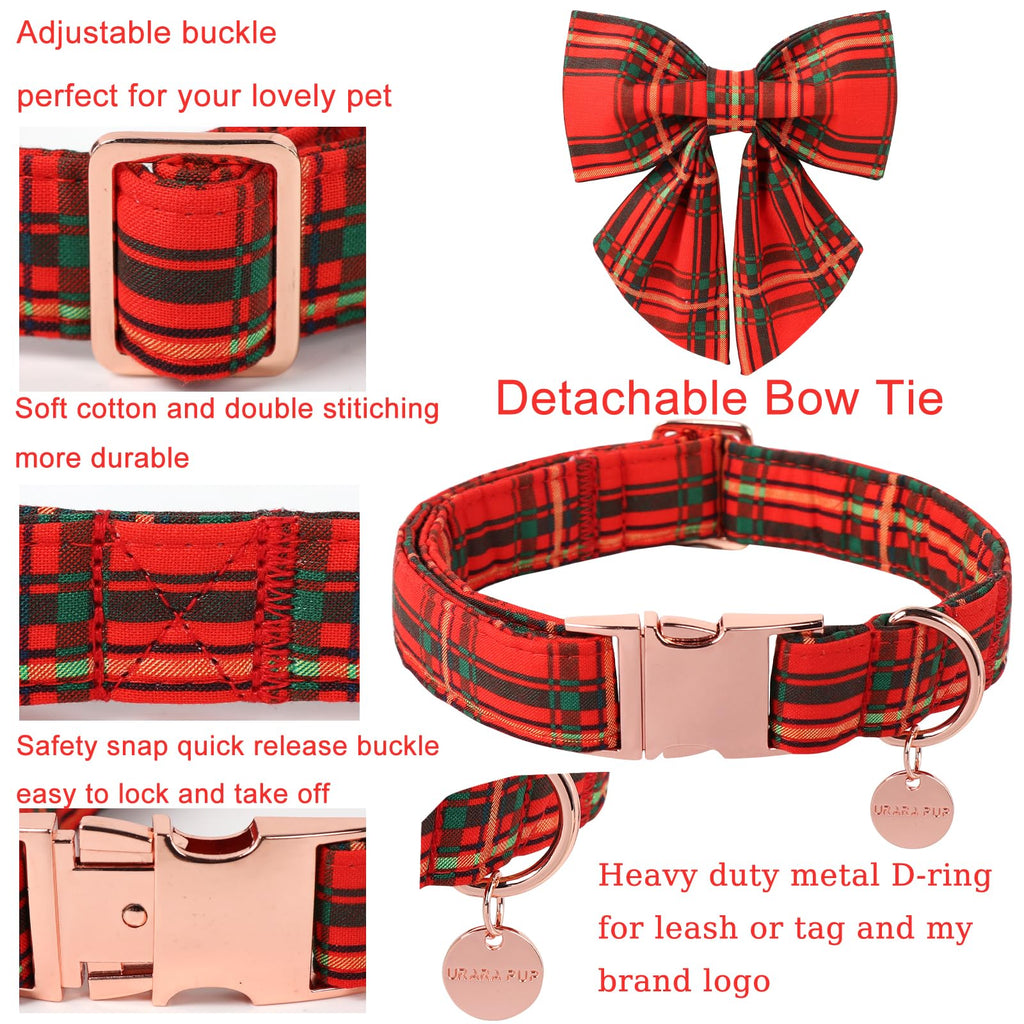 UP URARA PUP Christmas Dog Collar with Bow Tie, Cotton Christmas Plaid Collar for Medium Girl Boy Dog,Red &Green Plaid Dog Collar Bowtie with Durable Metal Buckle,Adorable Pet Collar,L