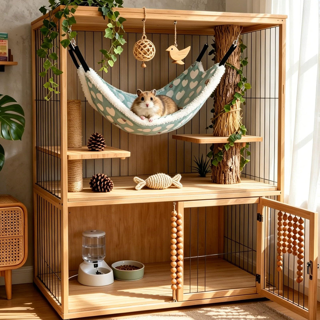 OINEEDU Guinea Pig Ferret Hammock for Cage - Machine Washable Double-Decker Hanging Bed - Fits Sugar Glider,Rat,Hamster,Gerbil - 13.3" x 13.3" - Love Green Pattern