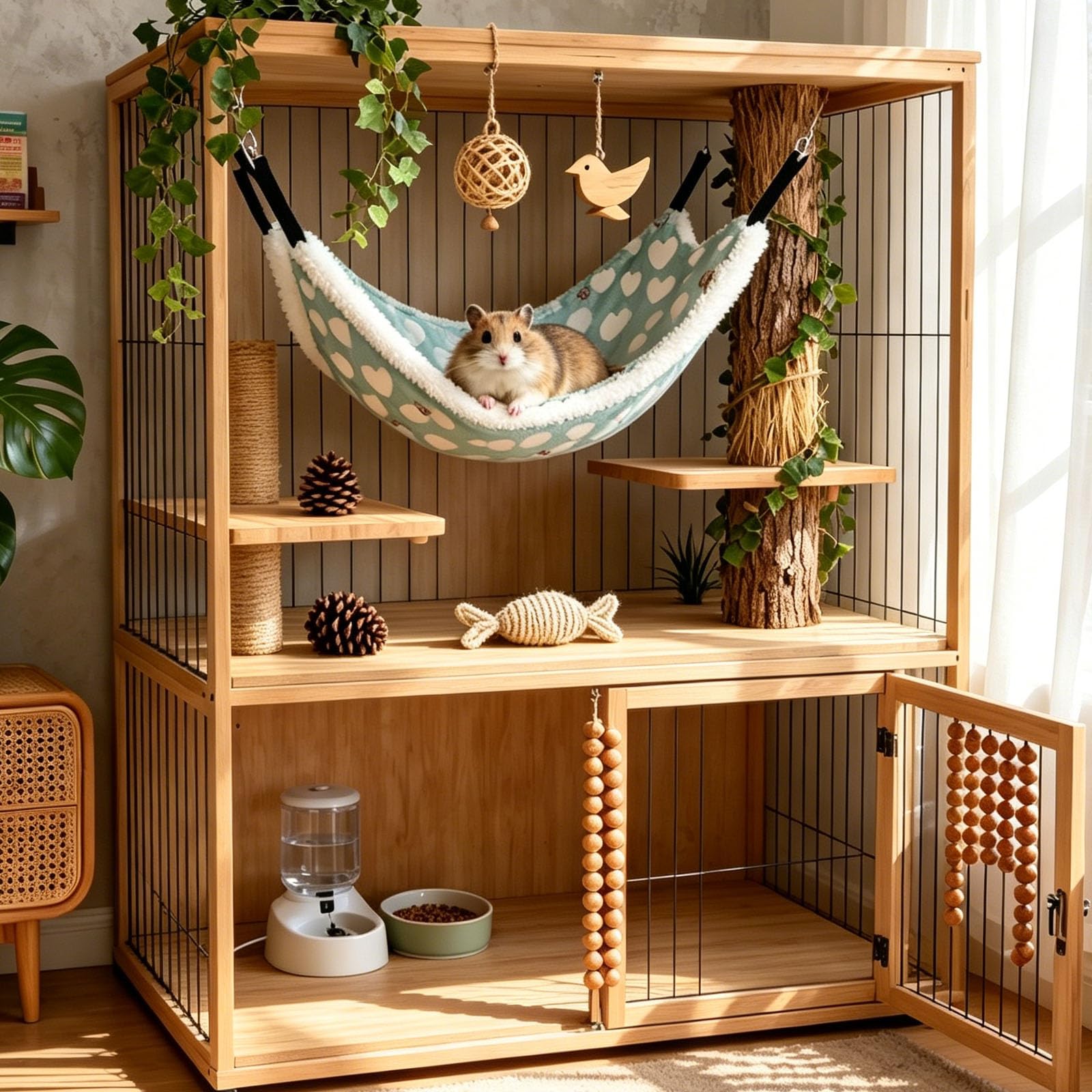 OINEEDU Guinea Pig Ferret Hammock for Cage - Machine Washable Double-Decker Hanging Bed - Fits Sugar Glider,Rat,Hamster,Gerbil - 13.3" x 13.3" - Love Green Pattern