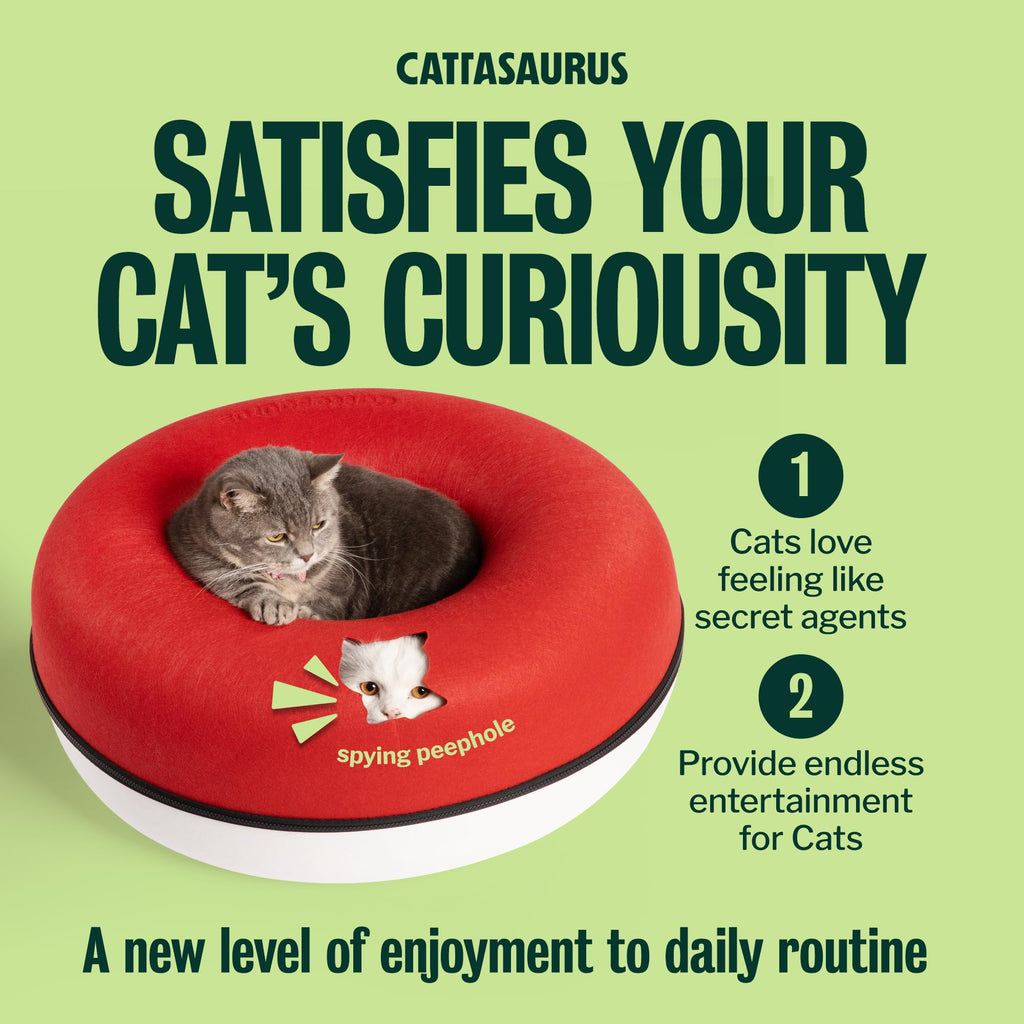 Cattasaurus Peekaboo Cat Cave, Extra Spacious for Multiple & Large Cats 12+ lbs, Scratch Detachable Cat Beds for Indoor Cats, Washable Tunnel Bed, Comfy Donut Tunnel (Ruby Snowball, Jumbo)