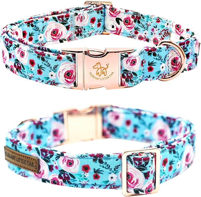 Elegant little tail Dog Collar, Rose Print Pet Collar Summer Dog Collar Durable Metal Buckle Dog Collars Cotton Pet Adjustable Dog Collars for X-Large Dogs, A: Blue Flower