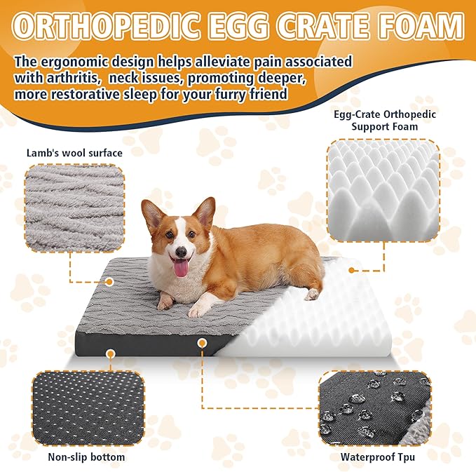 Maihandasi Orthopedic Dog Crate Bed – Waterproof Plush Pet Mattress with Removable Washable Cover, Non-Slip Bottom, Big Memory Foam Dog Bed for Crate, 36x27 Inch, Grey