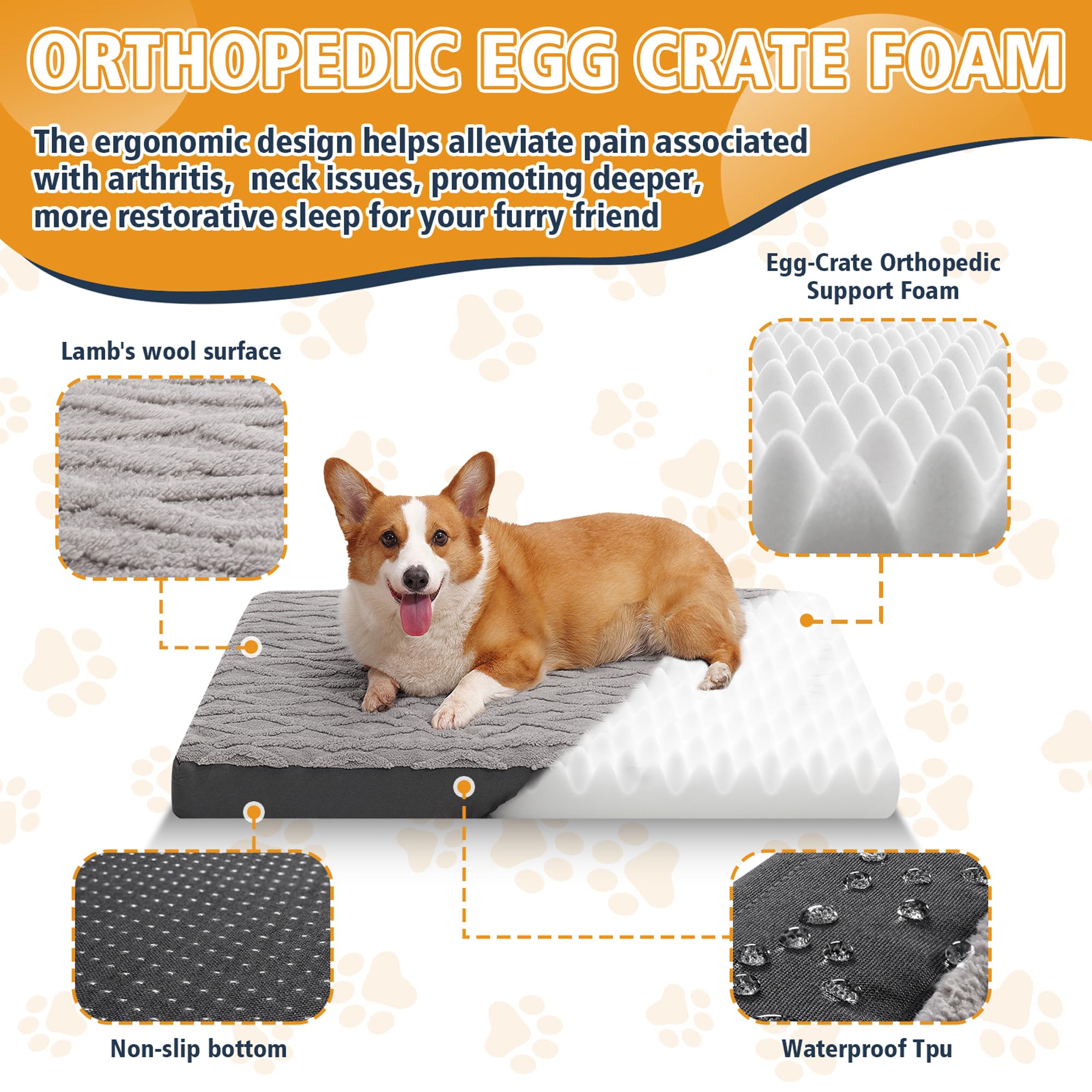 Maihandasi Orthopedic Dog Crate Bed – Waterproof Plush Pet Mattress with Removable Washable Cover, Non-Slip Bottom, Big Memory Foam Dog Bed for Crate, 36x27 Inch, Grey