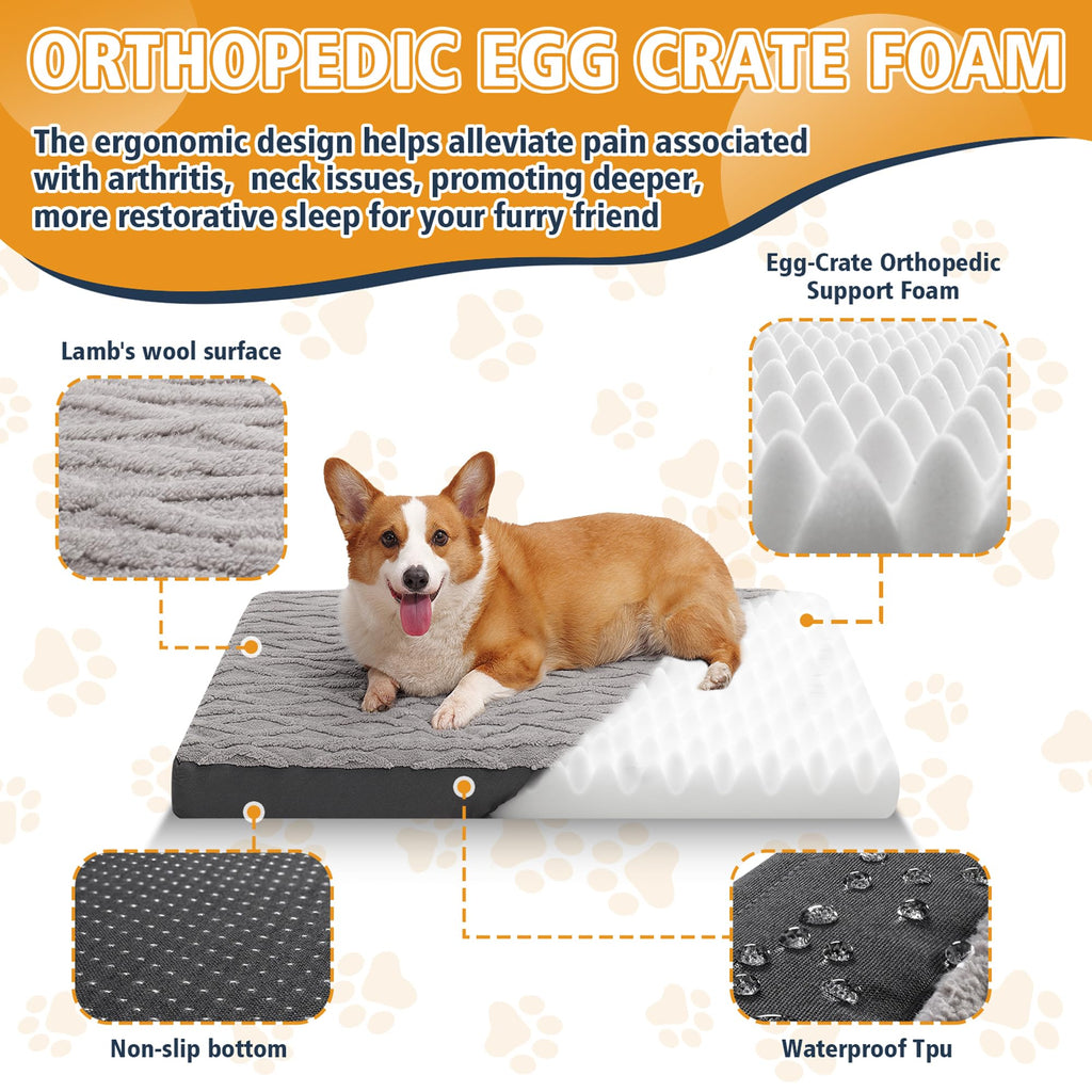 Maihandasi Orthopedic Dog Crate Bed – Waterproof Plush Pet Mattress with Removable Washable Cover, Non-Slip Bottom, Big Memory Foam Dog Bed for Crate, 36x27 Inch, Grey