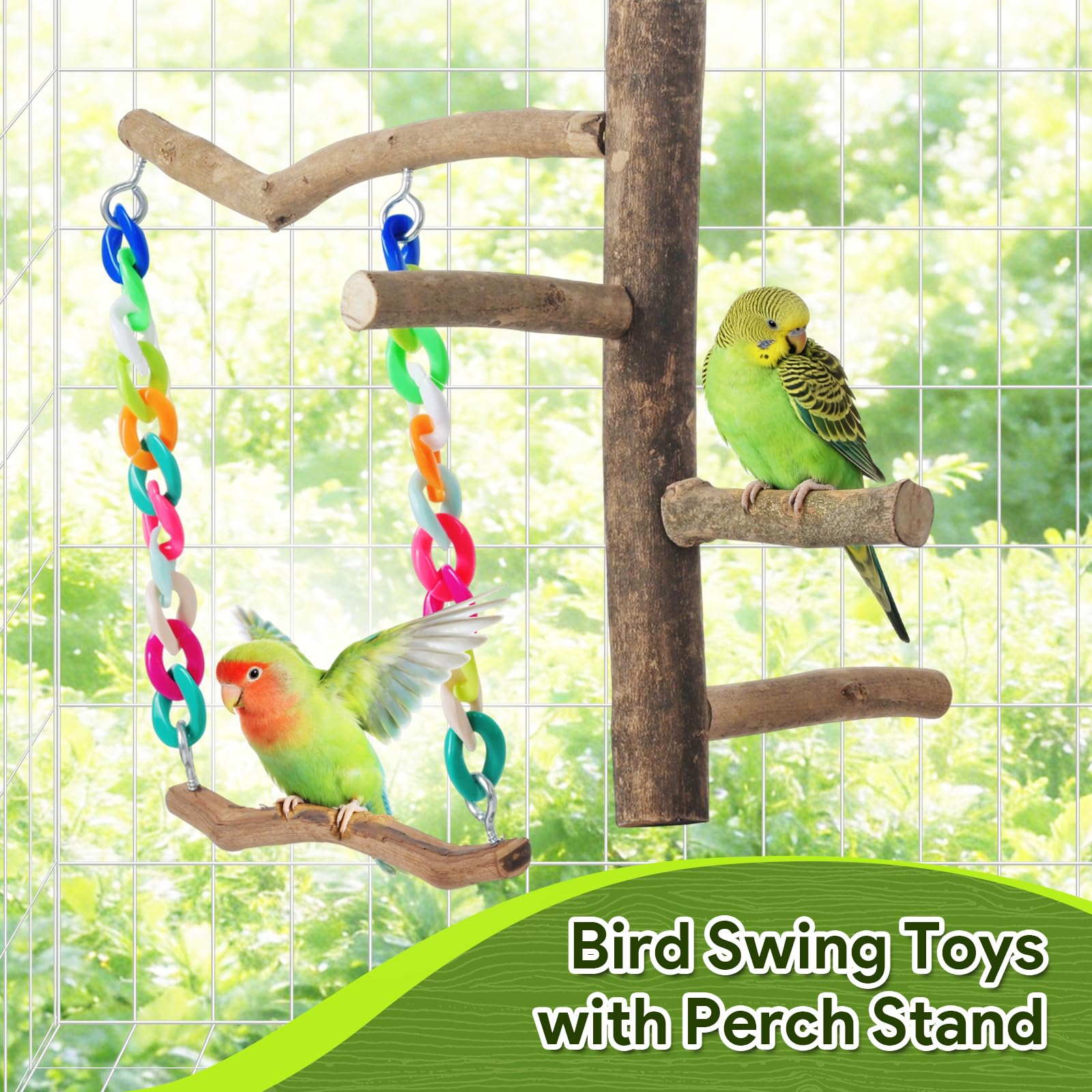 Matutinus Bird Toys, Bird Swing Toys with Perch Stand, Cage Accessories for Budgies, Parakeets, Cockatiels & Other Small Birds