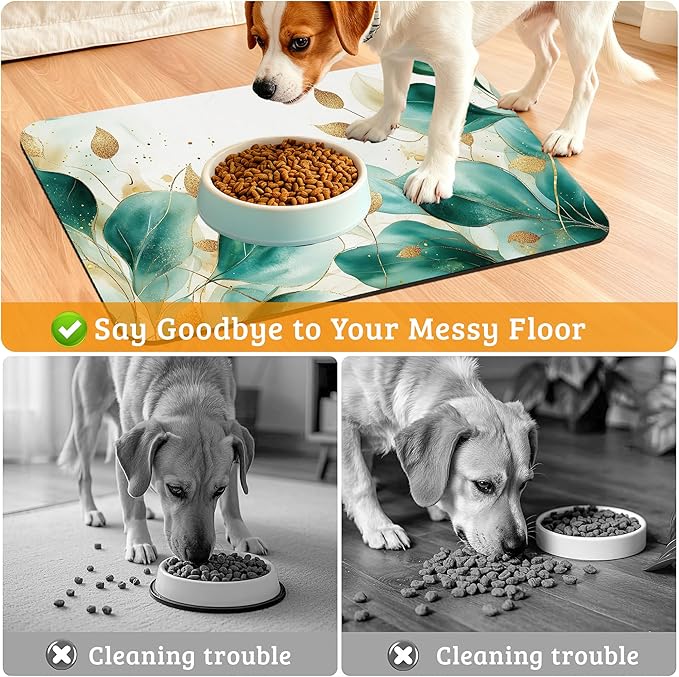 Green Plam Dog Cat Food Mat,Tropical Leaves Absorbent Waterproof Placemat for Food and Water Non Slip Rubber Backing Durable Feeding Pad for Clean Floors 12" x 20"