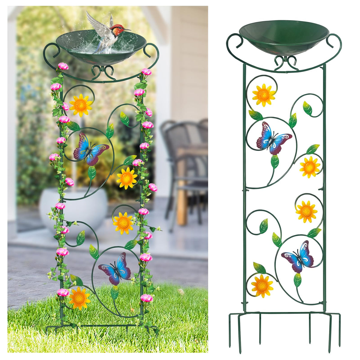 HONGLAND Metal Bird Bath with Trellis, 35" Outdoor Garden Birdbath with Detachable Bowl & Climbing Plant Support, Decorative Bird Feeder Station with Butterflies for Yard, Patio, Fence