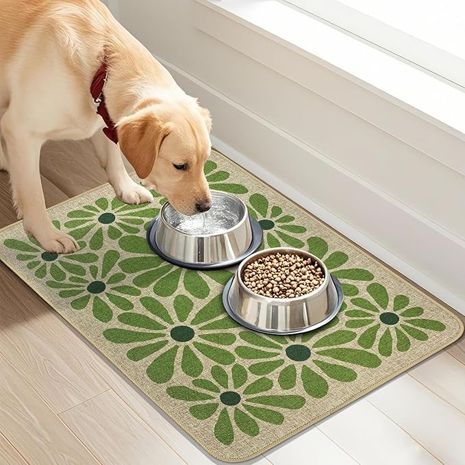 SHIYUE Dog Food Mats for Floors, Absorbent Cat Bowl for Food and Water, Non-Slip Accessories Pet Supplies(17"x30",Green Flower)