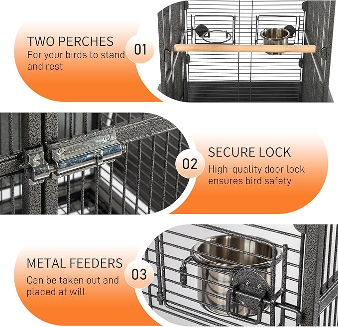 VINGLI Bird Cage with Wheels, 62 inch Bird Cages with Play Top, Wrought Iron Cage with Rolling Stand for Parrots, Cockatiels, Budgies, Lovebirds, Small/Medium Birds (Black)