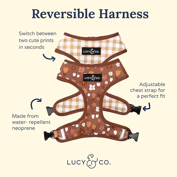 Lucy & Co. Reversible Dog Harness - Water-Repellent Neoprene, Dual-Print Design, Easy Swap Style, Adjustable Comfort Fit - Chocolate Meadows Reversible Harness - Medium
