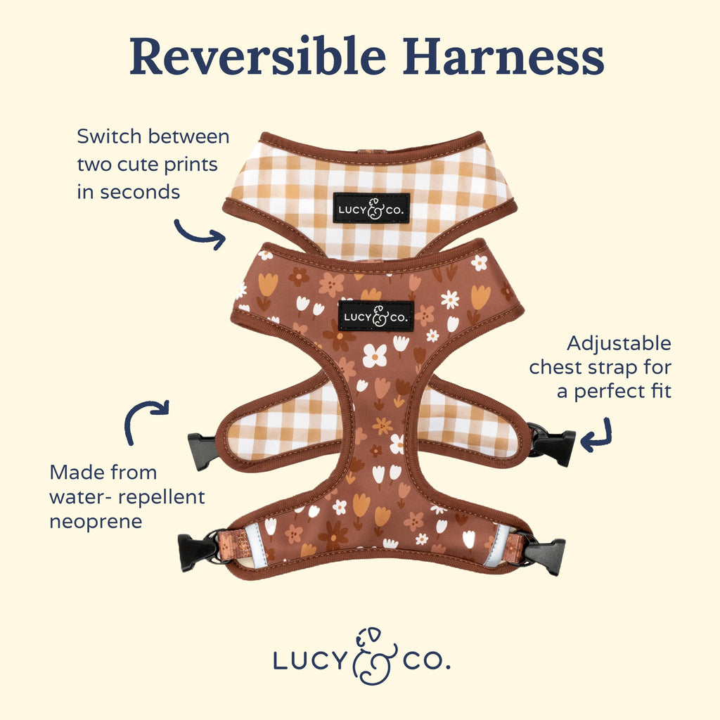 Lucy & Co. Reversible Dog Harness - Water-Repellent Neoprene, Dual-Print Design, Easy Swap Style, Adjustable Comfort Fit - Chocolate Meadows Reversible Harness - X-Large