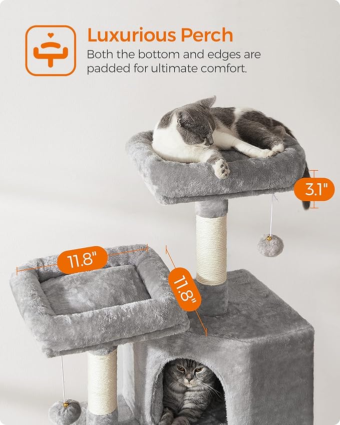 Feandrea Cat Tree, 45.3-Inch Cat Tower, Cat Scratching Post, Light Gray