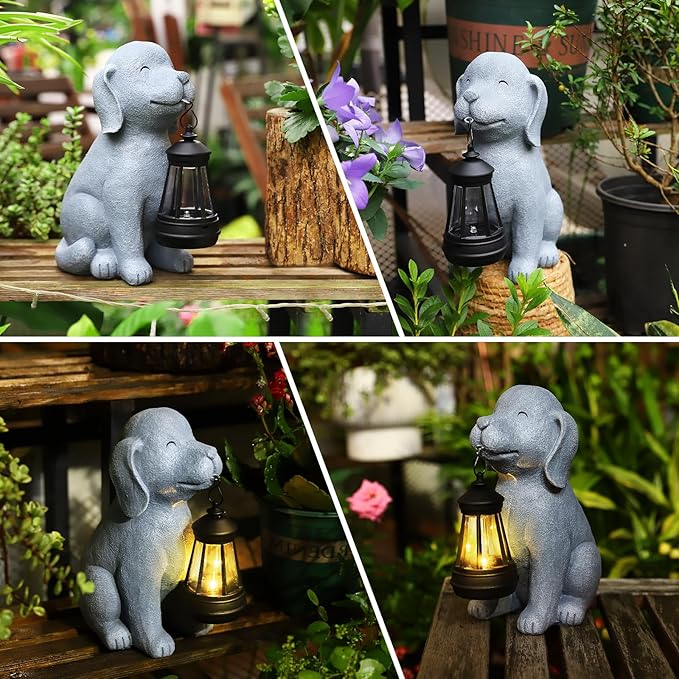 HSLILIMING Solar Dog Garden Statue with Lantern, Outdoor Waterproof Dog Figurine Decor for Patio Yard Lawn, Birthday Garden Gifts for Women Mom Grandma, Housewarming Gift New Home
