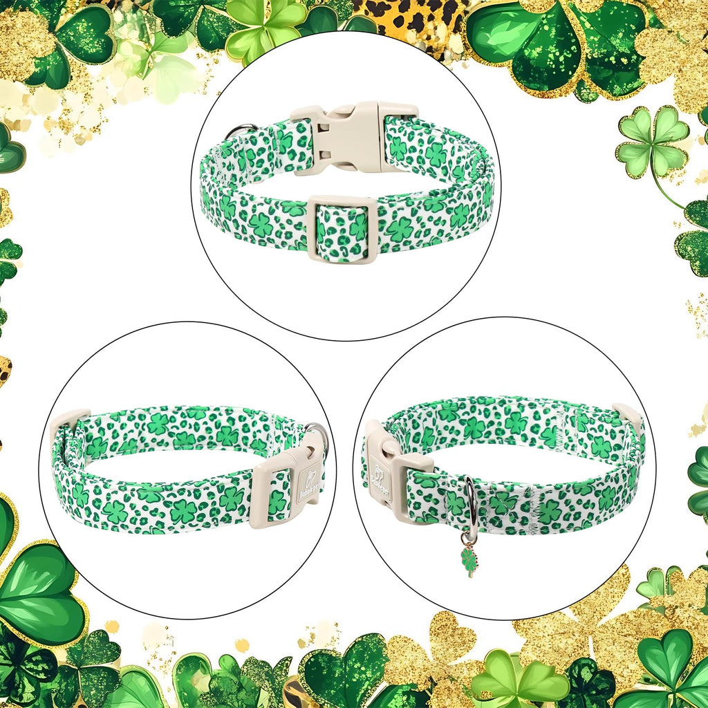Babole Pet St Patricks Day Dog Collar for Puppy Small Dogs - Leopard Lucky Clover Dog Collars, Lightweight Adjustable Irish Green Festival Shamrock Dogs Collars with Quick Release Buckle XS