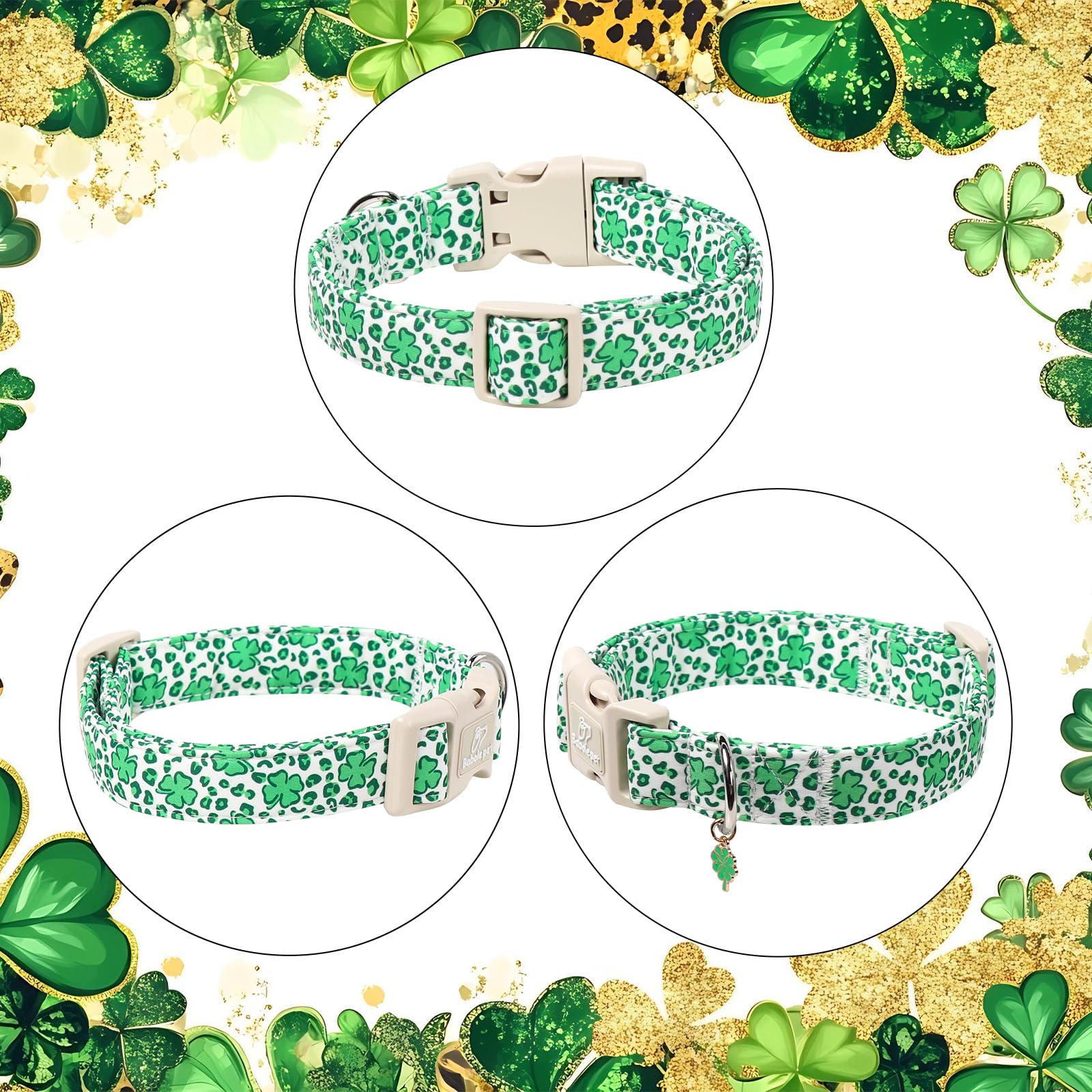 Babole Pet St Patricks Day Dog Collar for Puppy Small Dogs - Leopard Lucky Clover Dog Collars, Lightweight Adjustable Irish Green Festival Shamrock Dogs Collars with Quick Release Buckle XS