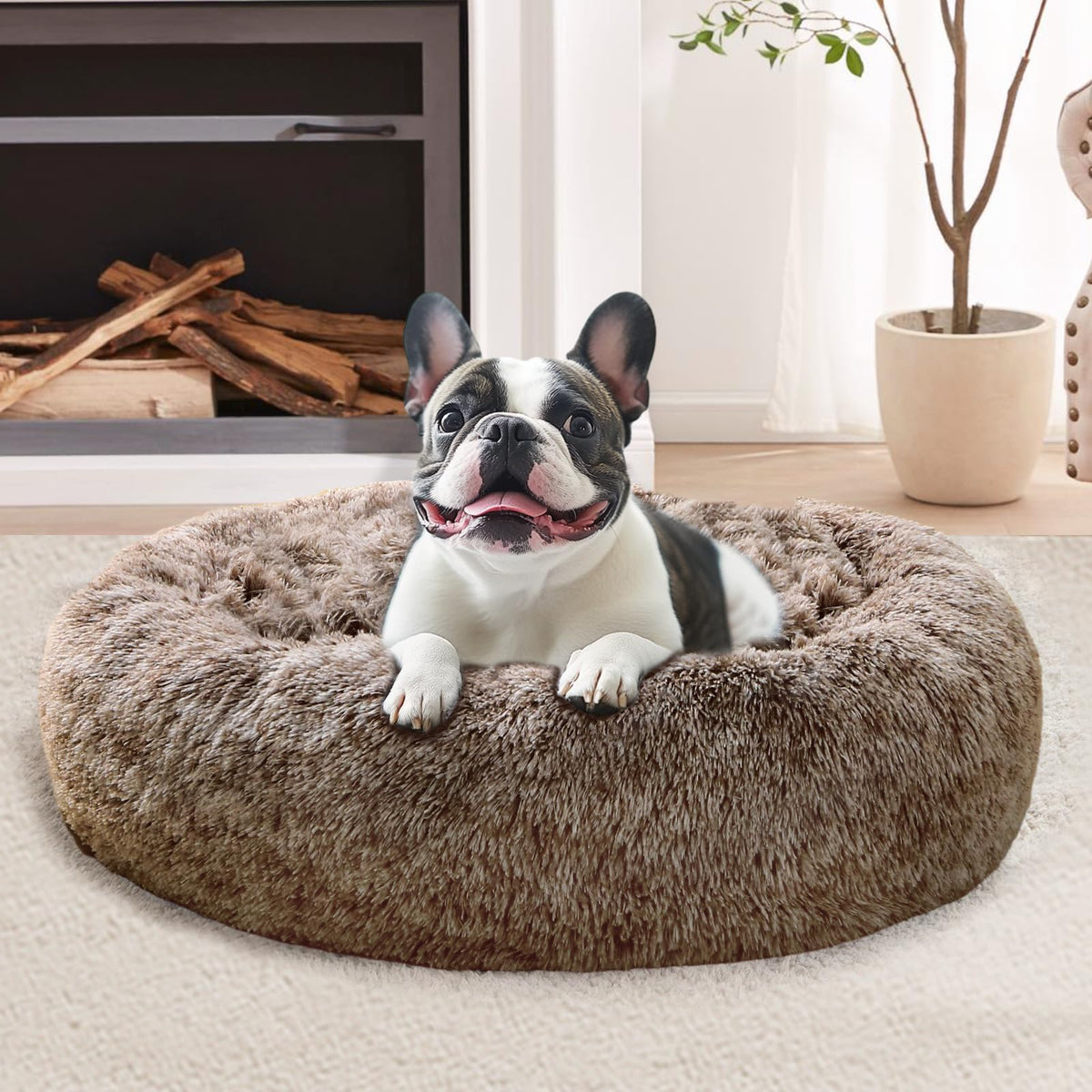 JOLLYVOGUE Calming Dog Bed for Small Dogs - 23 inches Donut Washable Small Dog Bed for Kittens & Puppies, Anti-Slip Round Fluffy Plush Faux Fur Cat Beds (Fits up to 25 lbs Pets, Purple)