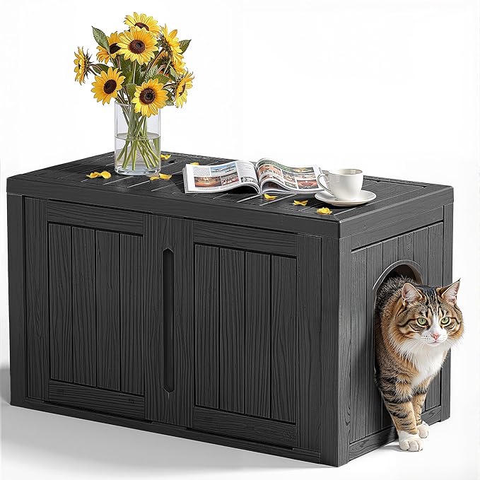 KFY Cat Litter Box Enclosure,Multi-Functional Hidden Litter Box Furniture Cabinet with Adjustable Partition & Side End Table, Indoor Outdoor Cat House with Double Doors,Easy to Clean & Assemble, Black