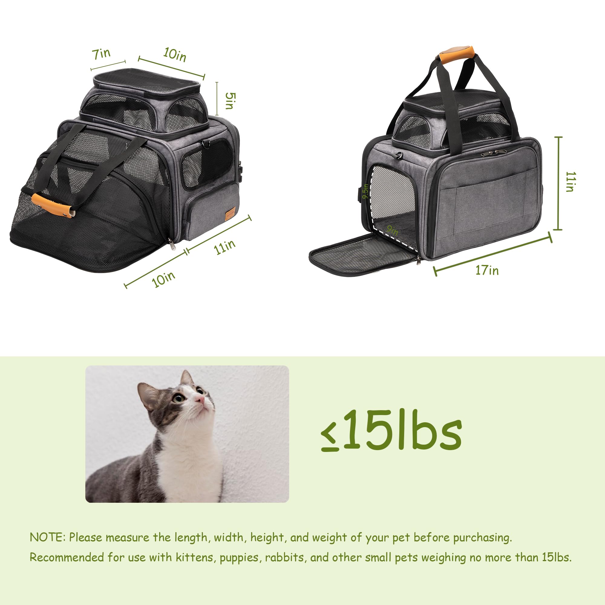 MOYLLOG Expandable Pet Carrier Bag - Airline-Approved, Breathable Mesh, Secure Zippers, Padded Handle & Multi-Pockets (Light Grey)