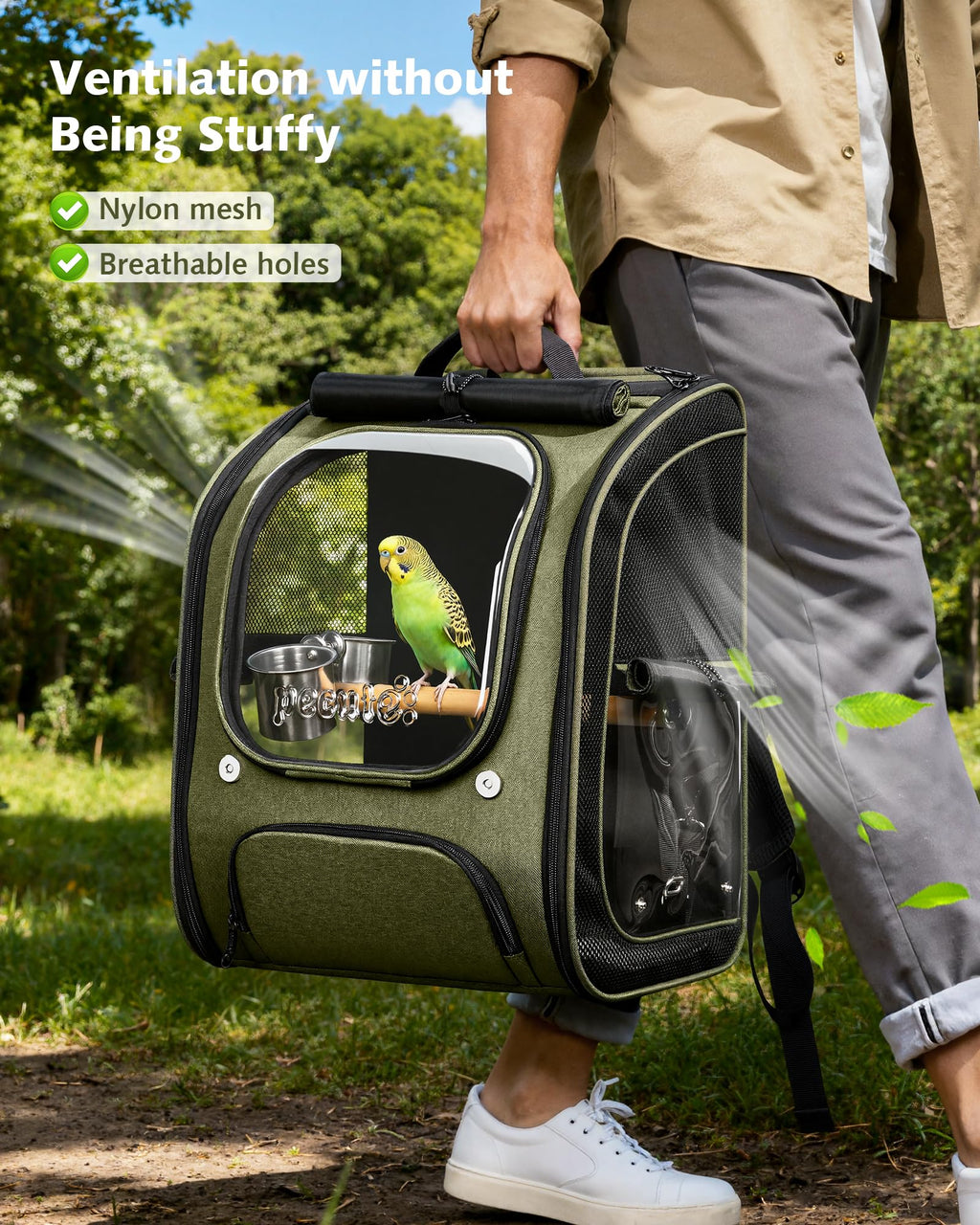 Pecute Bird Backpack Carrier with Standing Perch for Small Parrot, Green