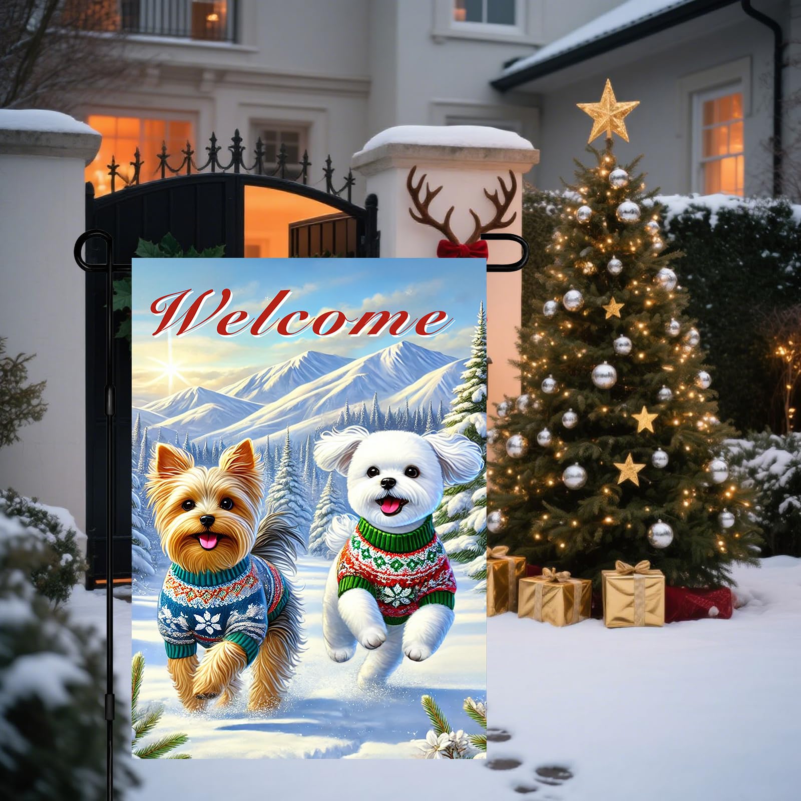 BlissYard Garden Flag Dog Pair Winter 12x18 Inch Polyester