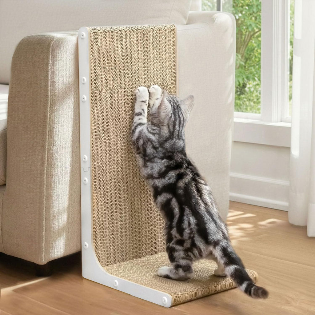 Conlun Cardboard Cat Scratcher, 23" L-Shaped Scratch Pad, Vertical Wall-Leaning Scratching Board to Protect Furniture for Indoor Cats, White