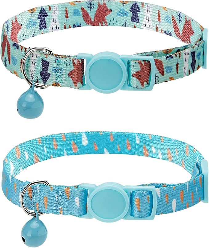 SOLMOONY Cute Cat Collar for Girl Boy,Colorful Breakaway Cat Collars with Bell 2 Pack，Adjustable Printed Nylon with Safety Buckles Kitten Collar (Cactus)