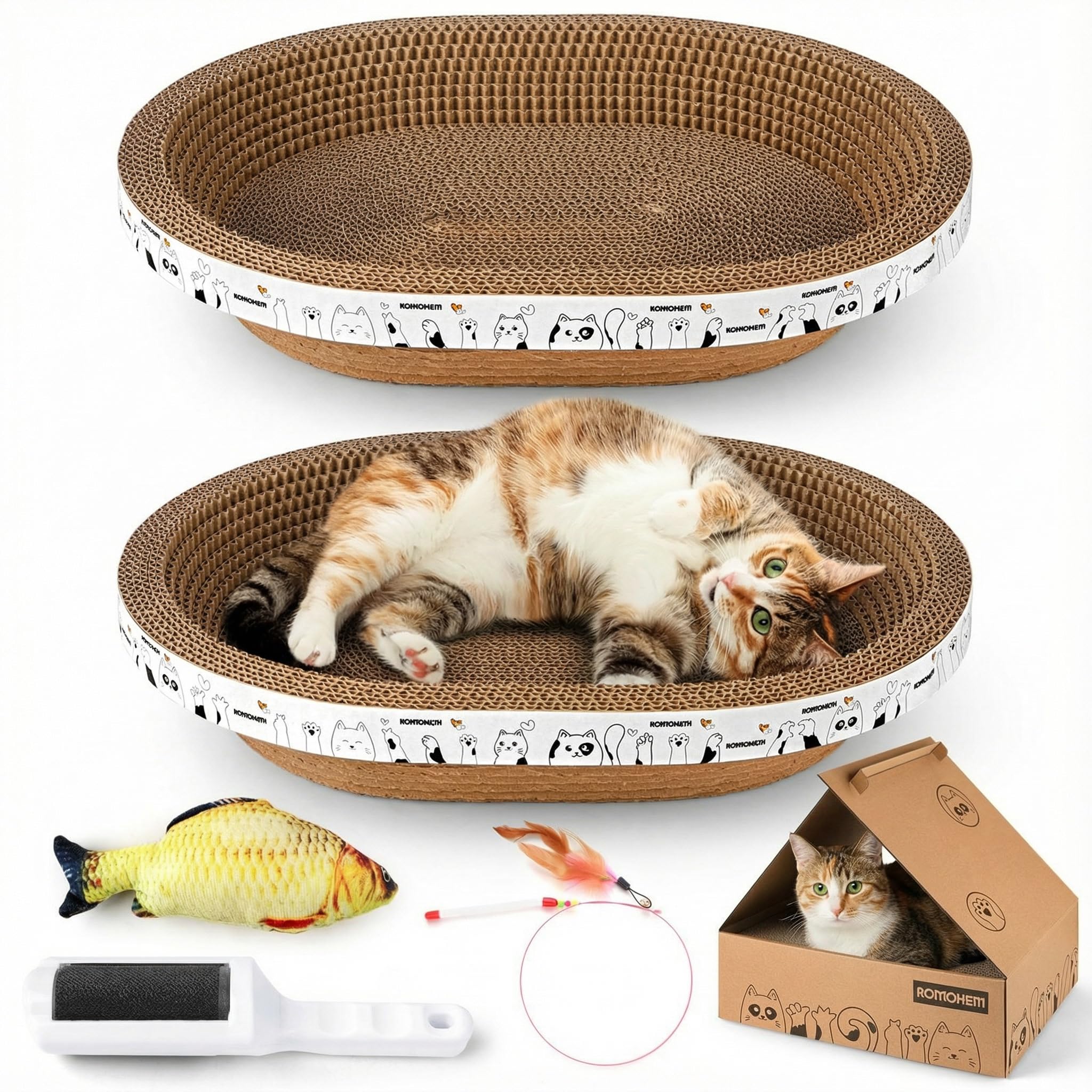 All-in-One Cardboard Cat Scratchers for Indoor Cats, Oval Cat Scratch Box & Lounger Beds Kitten Loves, Durable Cat Scratching Pads + Bonus Toys Couch Cat Scratch Protector