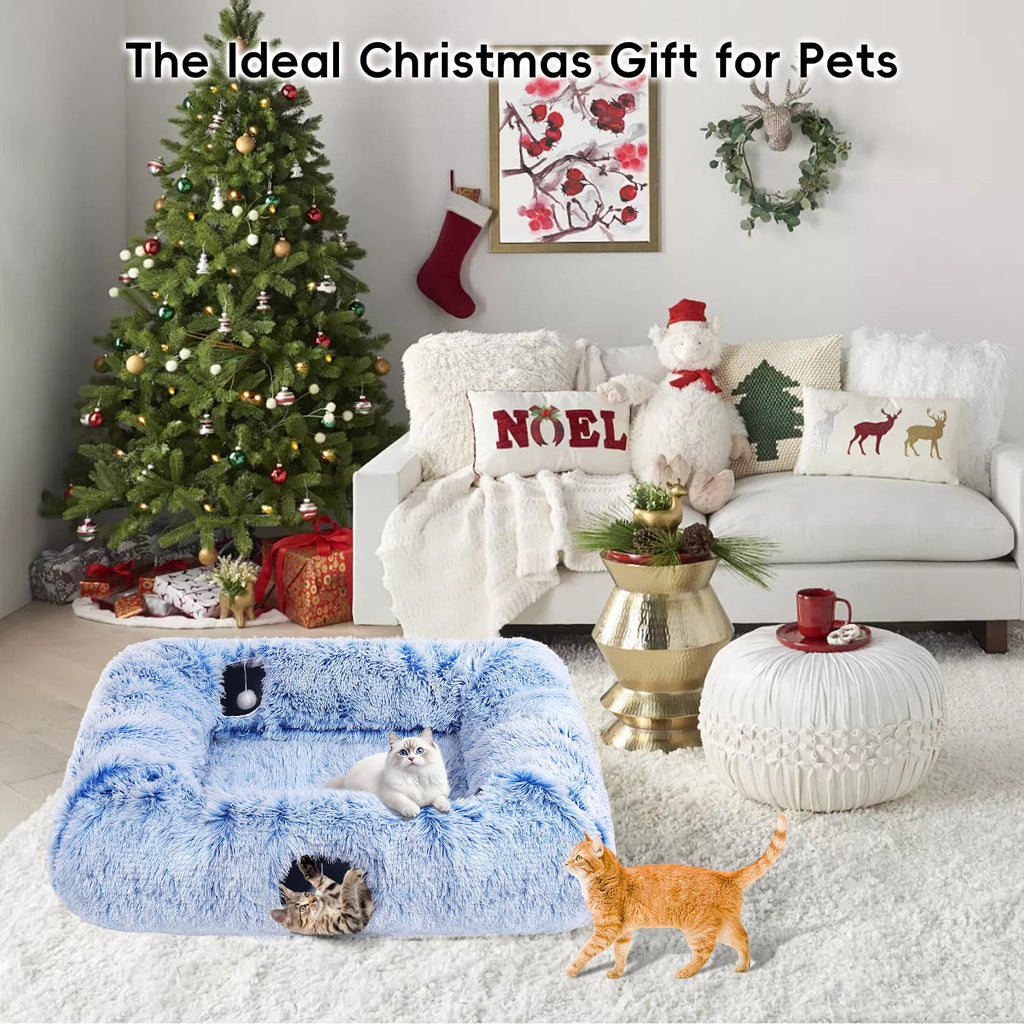 Extra Large Cat Tunnel Bed, 4 Ways Tunnels for Indoor Cats, Multi-cat Family Pet Bed & Cave, Plush Cat Donut with Washable Middle Mat, Exit Balls, Pet Play Toy for Kitten Puppy Rabbit, Blue