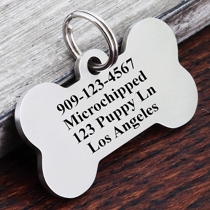 Ultra Joys Stainless Steel Pet ID Tag Dog Name Tags Personalized Front and Back Engraving, Customized Cat Tags, Optional Engraved on Both Sides, Bone Floral Design, Silver Small, Silver-bone-floral