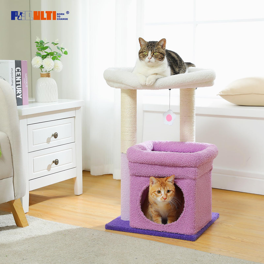 PEQULTI Indoor Cat Tree Tower Small Cats, Sisal Post & Cozy Condo, Purple