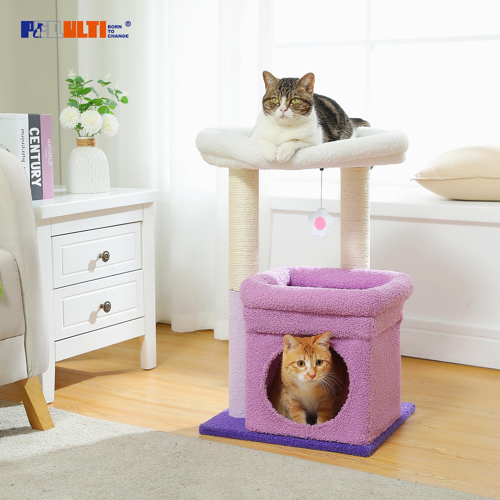 PEQULTI Indoor Cat Tree Tower Small Cats, Sisal Post & Cozy Condo, Purple