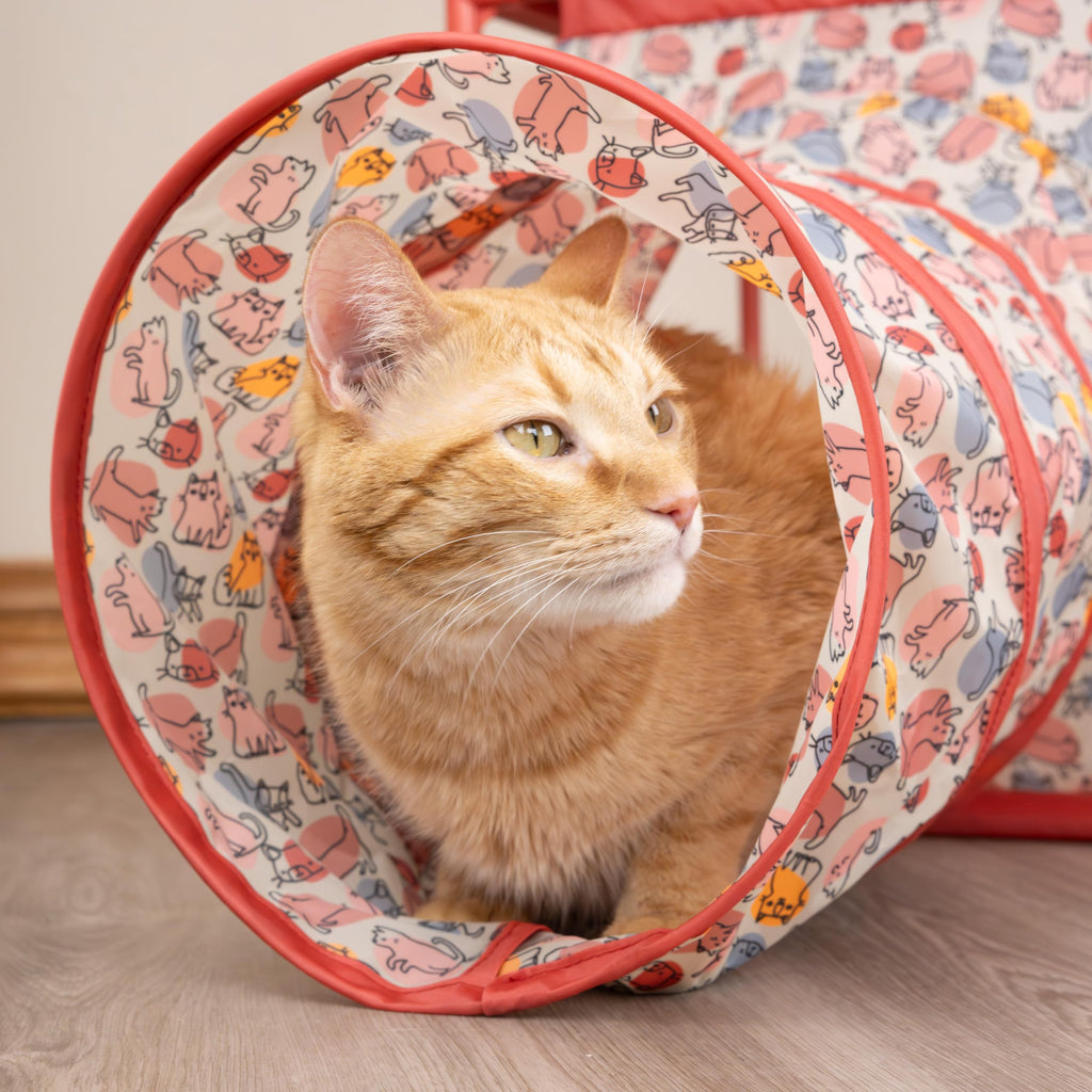 Kitty City Cozy Cube Retreat Cat Tower with Tunnel, Scratching Post & Hanging Toy, Dual-Level Indoor Cat Play Furniture for Climbing, Hiding & Lounging, Red