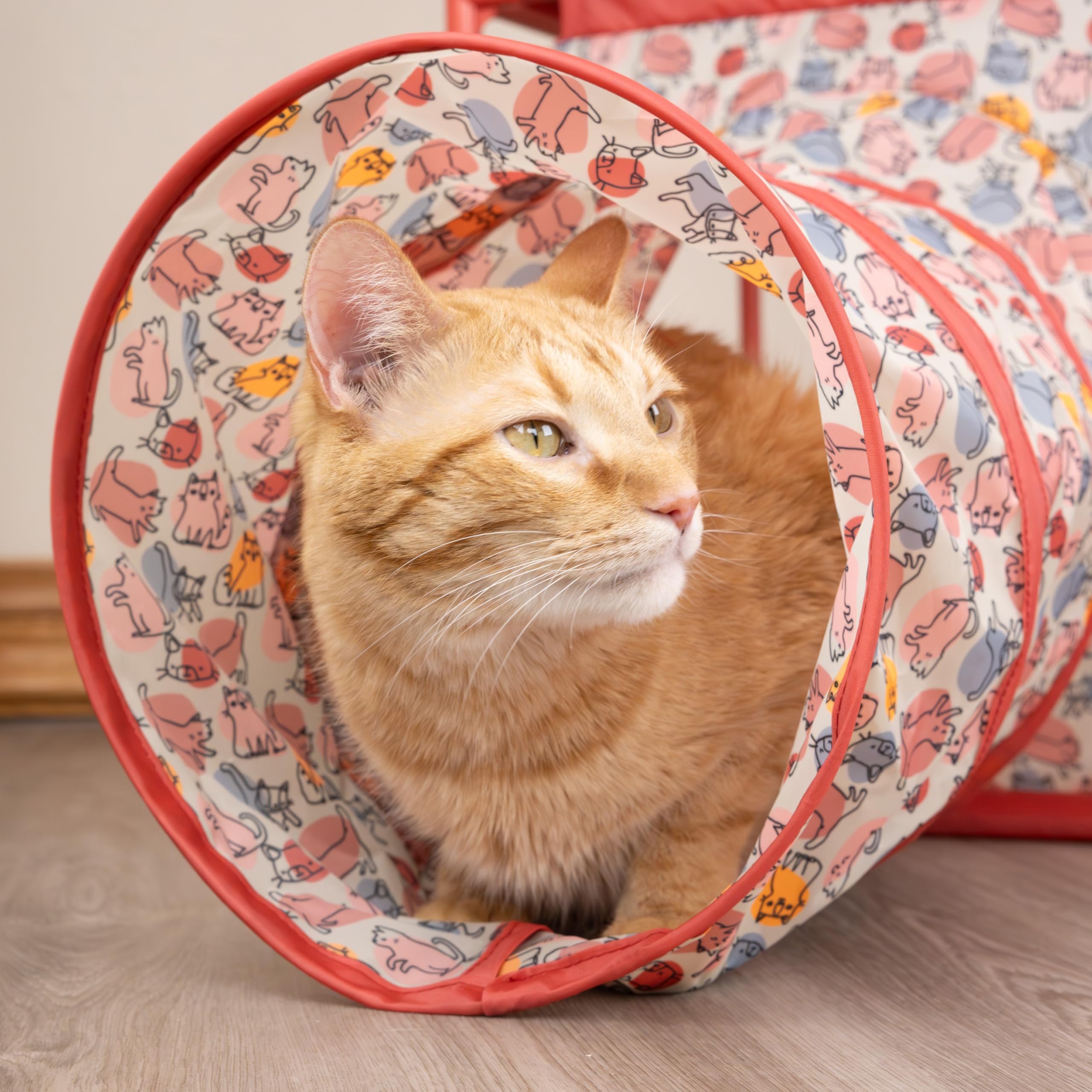 Kitty City Cozy Cube Retreat Cat Tower with Tunnel, Scratching Post & Hanging Toy, Dual-Level Indoor Cat Play Furniture for Climbing, Hiding & Lounging, Red