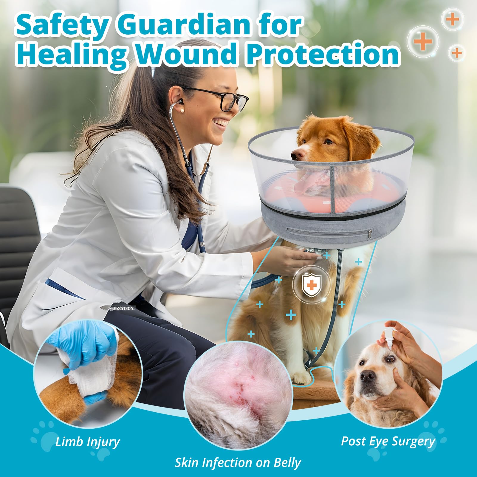 Didopet Inflatable Dog Cone with Anti-Licking Clear Shield, Fits Large Dogs