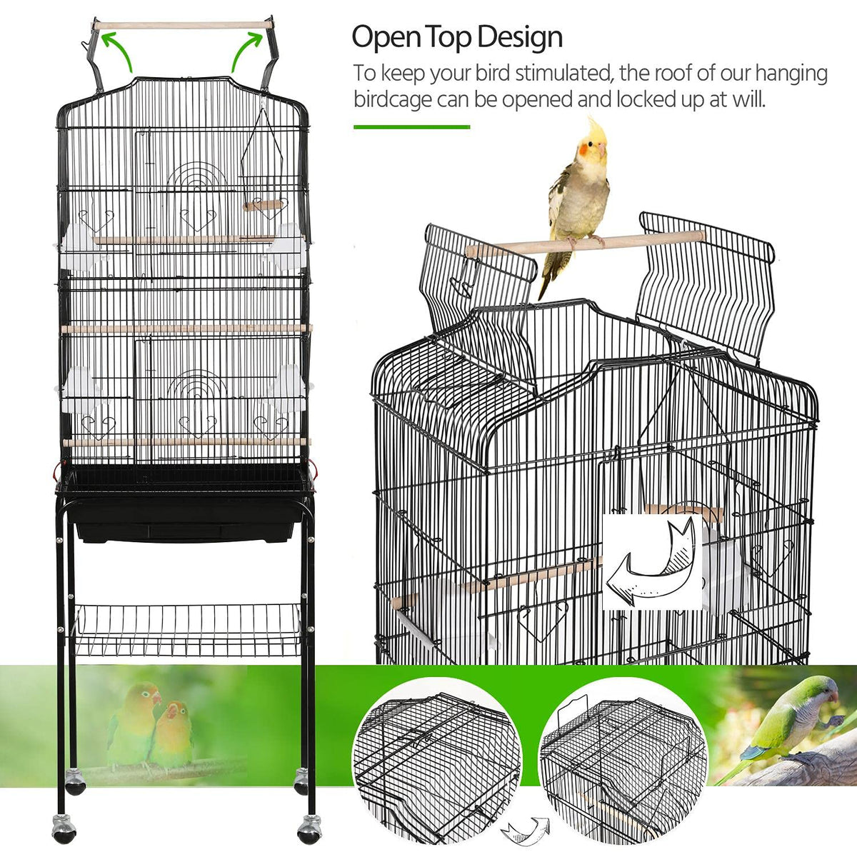 Yaheetech 64'' Open Top Bird Cage for Parakeets & Cockatiels, Black