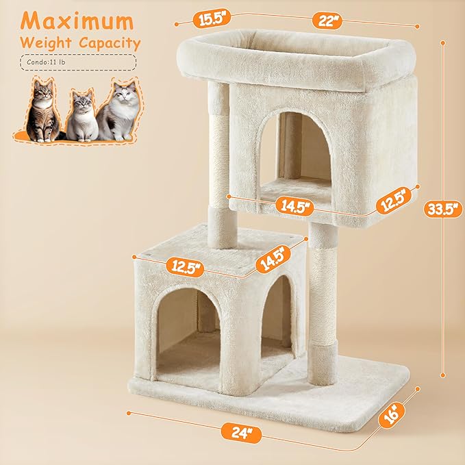 Yaheetech Cat Tree, 33.5in Cat Tower with 2 Cozy Condos, Soft Perch & Sisal Scratching Posts, Cat House Activity Center Furniture for Indoor Cats, Beige