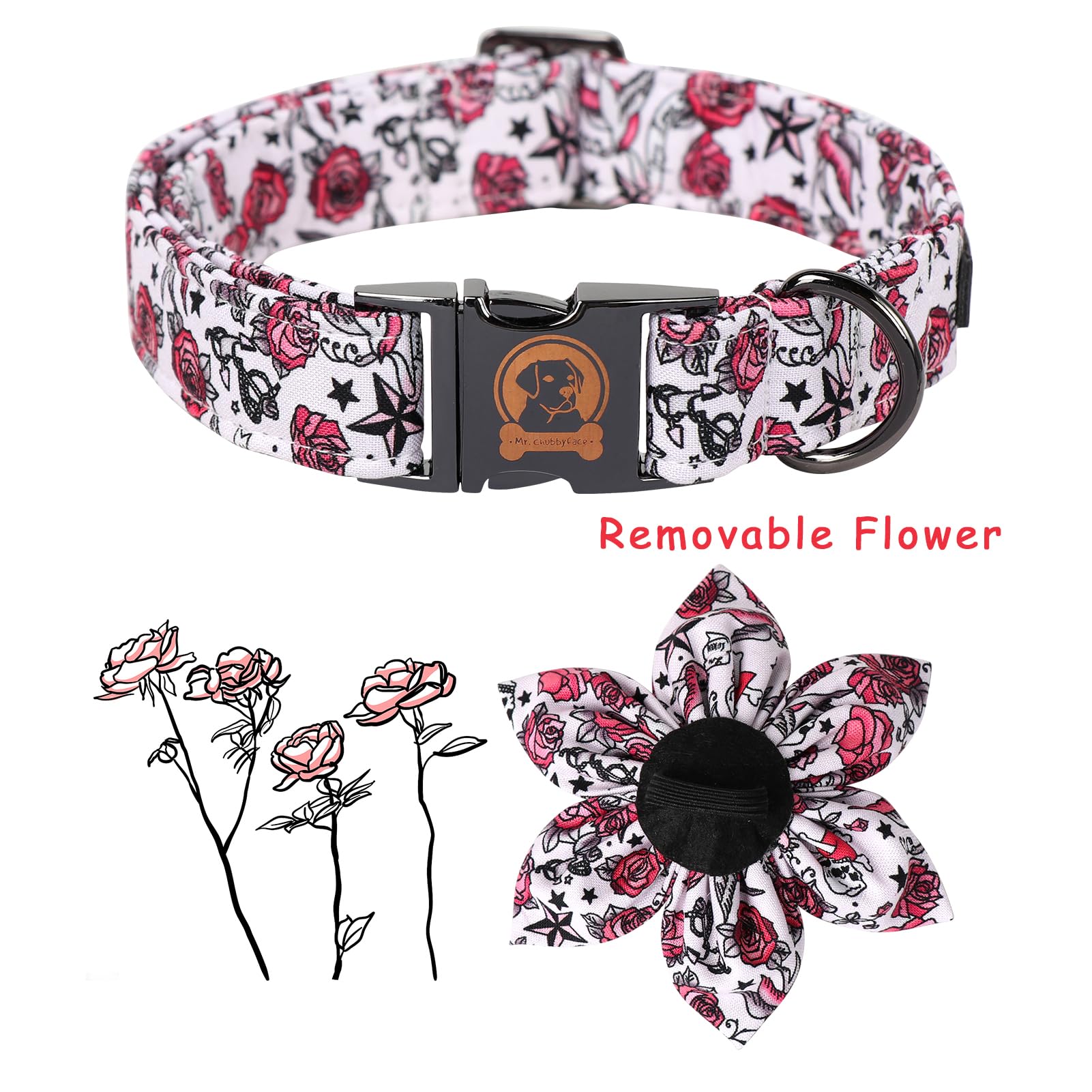 ·MR. CHUBBYFACE· Valentine's Dog Collar with Flower, Cute Pink Rose Cotton Dog Collar, Adjustable Valentine's Boy Girl Dog Collars with Metal Buckle for Small Medium Large Dogs