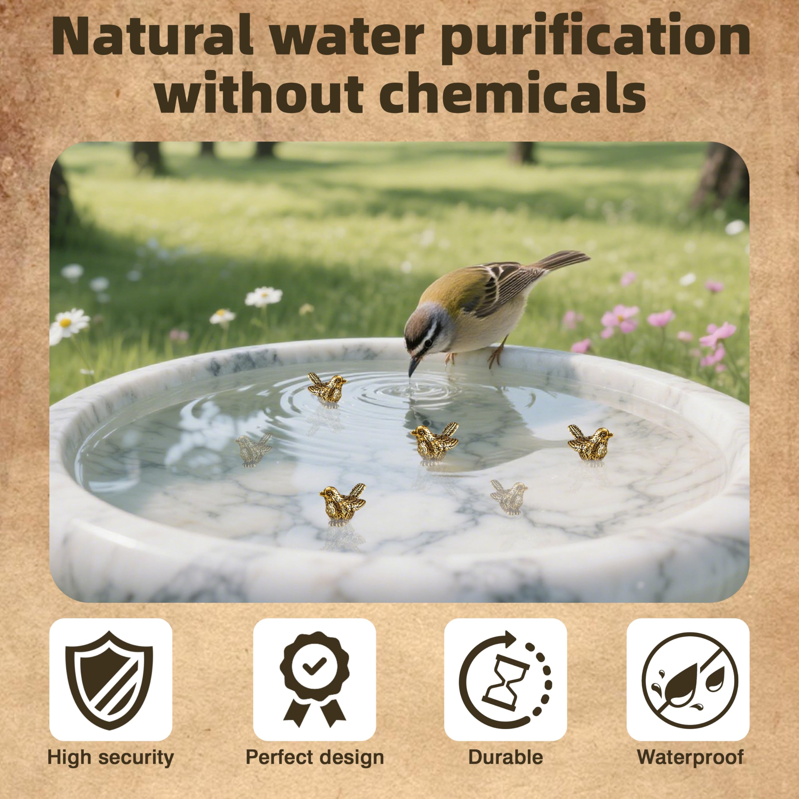QHUAFoRen 6 Pcs Copper Bath Disks Ornaments Mini Bird Shape, Retro Copper Birdbath Purification Cleaner, Fit for Outdoor Birdbaths, Bowls