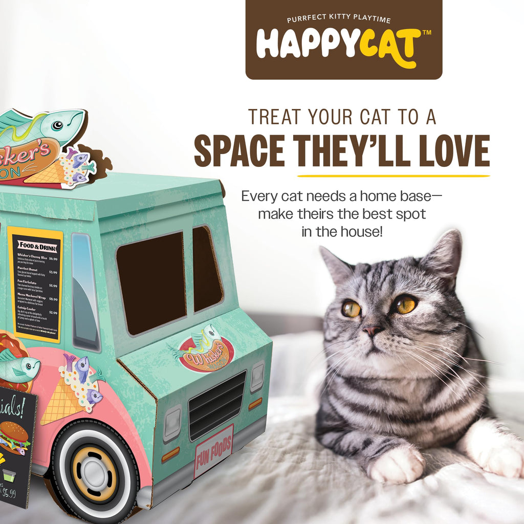 HappyCat Whisker’s Wagon Cat Scratcher House - Vintage Cardboard Cat Playhouse with Scratch Panels & Spacious Hideaway. Cute Pet Toys - Durable Activity Center for Indoor Cats