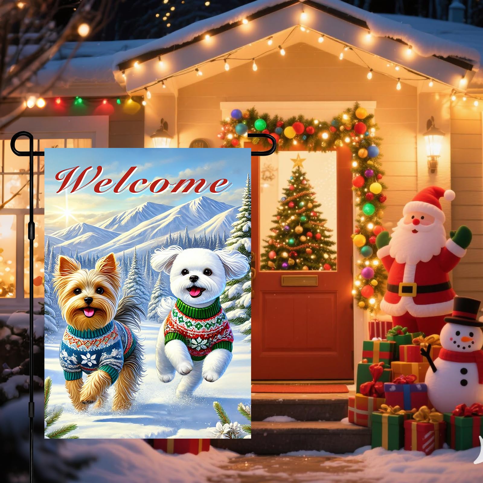 BlissYard Garden Flag Dog Pair Winter 12x18 Inch Polyester