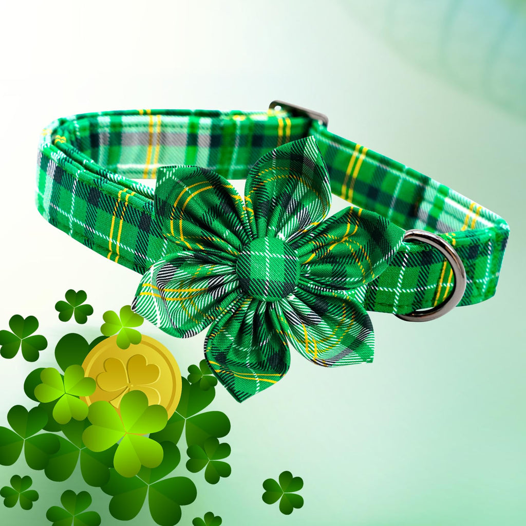 Lionheart glory St. Patrick's Day Dog Collar with Flower Dog Collar for Small Dogs, Green Plaid Cute Collars Spring Dogs Collars Flower Puppy Heavy Duty Cute