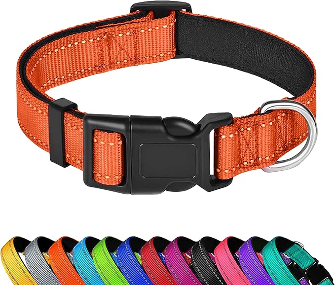 PWOD Reflective Dog Collar, Adjustable Soft Neoprene Padded Nylon Pet Collars with Buckle for Extra Large Dogs, Orange,XL