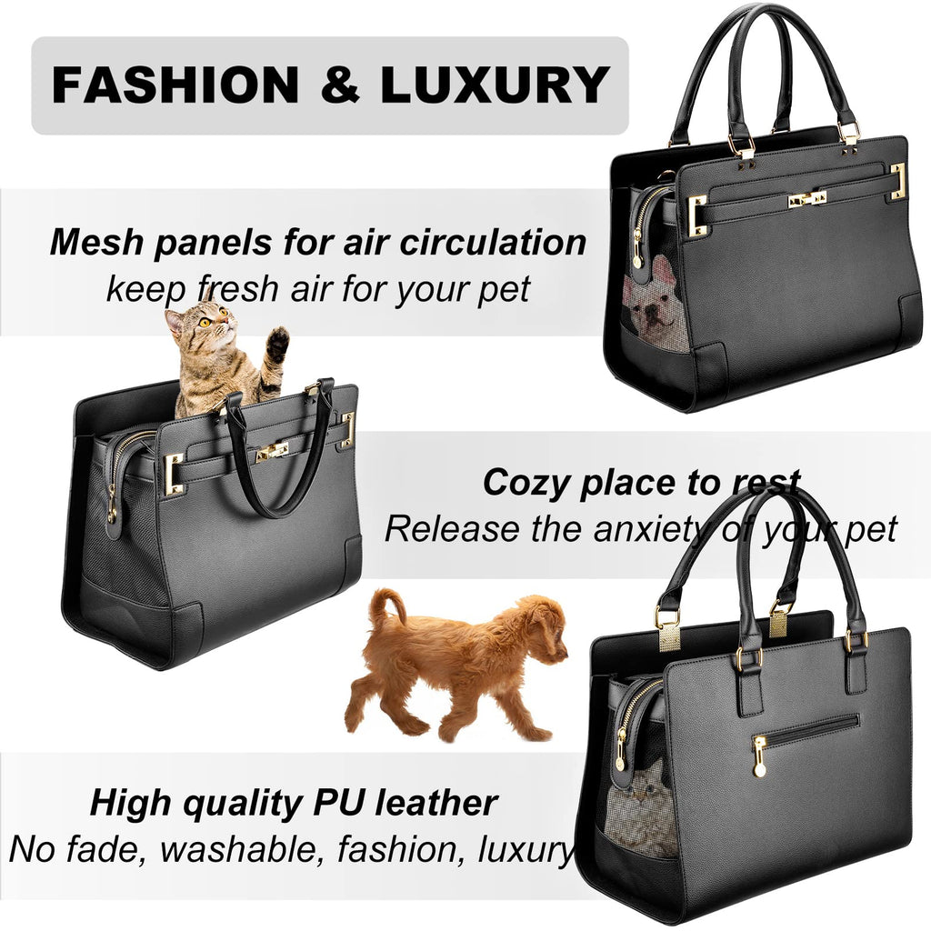 NewEle Fashion Dog Purse Carrier for Small Dogs with Shoulder Strap, Hold Up to 7lbs Quality PU Leather Pet Carrier, Cat Carrier, Airline Approved Puppy Purse Carrier for Travel (Black, Small Size)