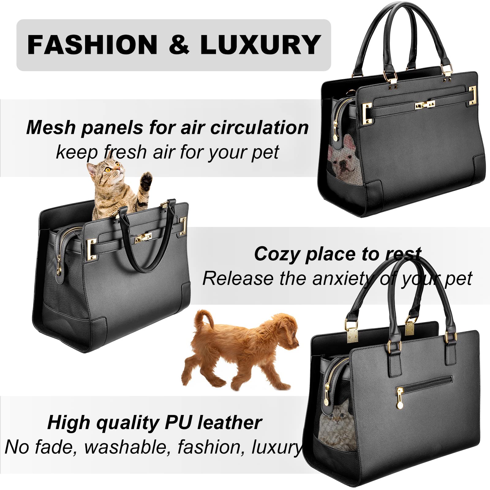 NewEle Fashion Dog Purse Carrier for Small Dogs with Shoulder Strap, Hold Up to 7lbs Quality PU Leather Pet Carrier, Cat Carrier, Airline Approved Puppy Purse Carrier for Travel (Black, Small Size)