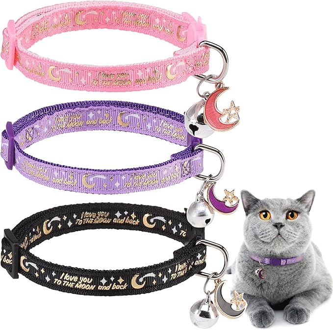 DILLYBUD Cat Collar Breakaway, Soft Kitten Collar with Bell, Moon and Stars
