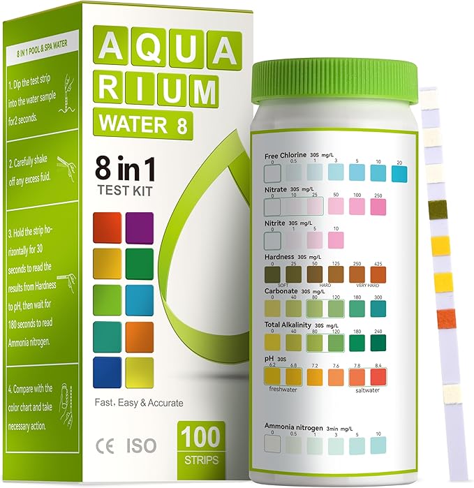 AAwipes Aquarium Ammonia Test Strips 8-in-1 |100 Strips | Quick & Accurate Water Testing for Freshwater & Saltwater Tanks -Test pH, Sodium Chloride, Alkalinity, Hardness, Chlorine etc. (K02-100)